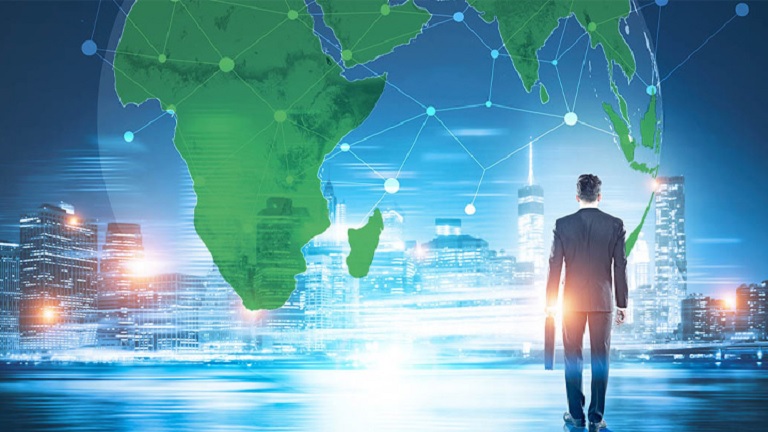 A person walking towards the city through the globe holograph