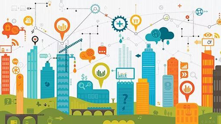 2D image of blue and orange city buildings with hovering IoT icons