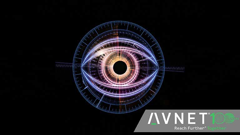 Graphic of a digital eye with Avnet 100 year anniversary logo at the bottom right corner