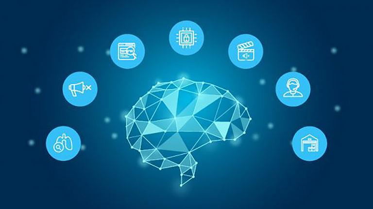 IoT icons overing over a ditigal shape of a head