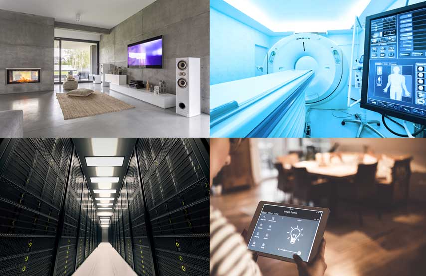 Collage of 4 different types of automation like medical imaging