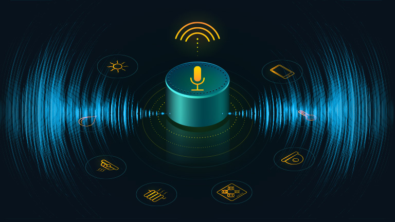 bluetooth speaker with IoT icons arround it