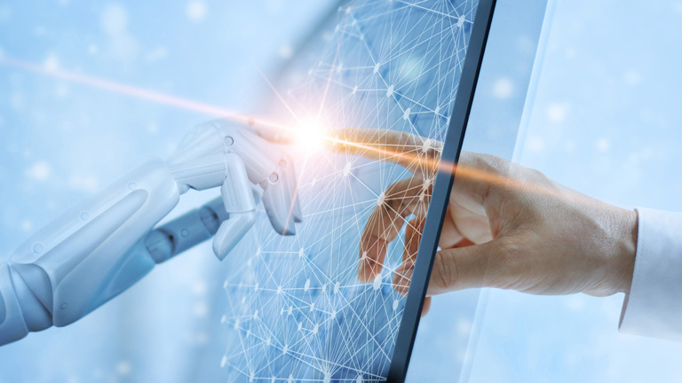 Robot and human finger touching through a glass window