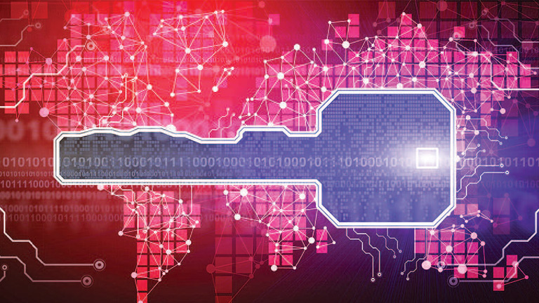 Graphic depicting cyber security with a large key over a world map