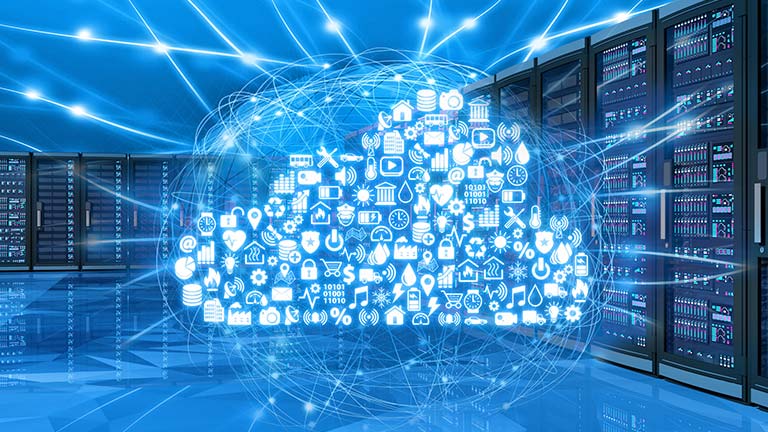 Server room with a graphic depiction of the connectivity cloud in the center of the room